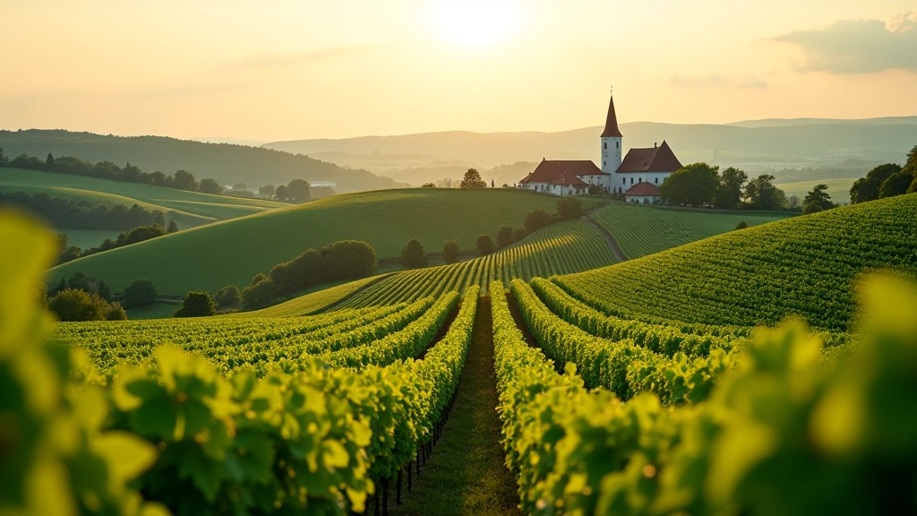 Rolling vineyard landscape with walking path in Moravian wine region