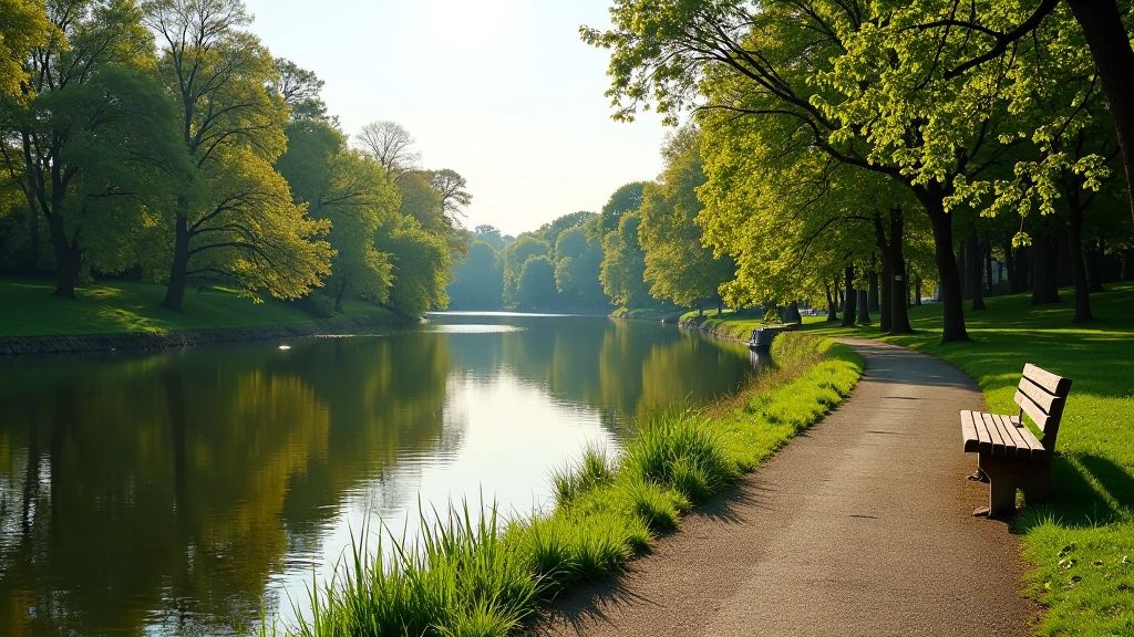 Peaceful riverside path with green banks and walking trail near Prague