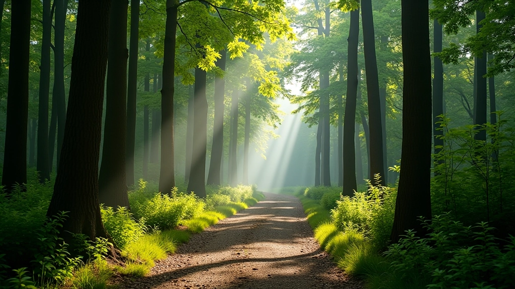 Misty forest path with tall trees and dappled light filtering through ancient woodland canopy